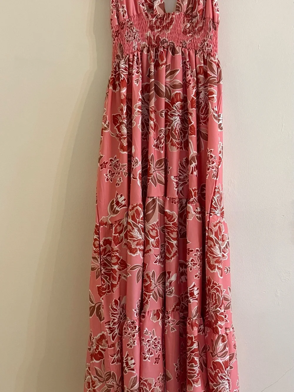 Smocked Halter Maxi Dress in Coral Pink Floral Size Medium - Picture 7 of 10